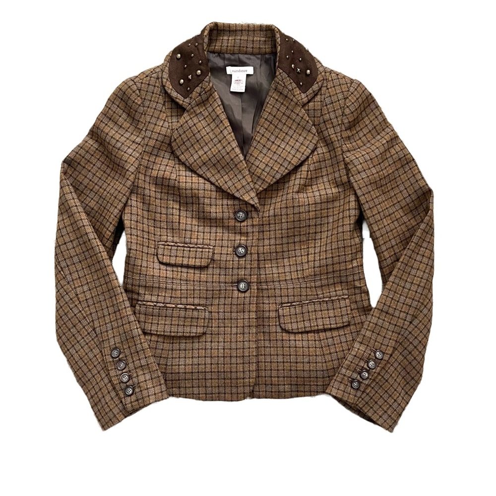 Sundance Catalog Wool Brown Plaid Studded Collar Western Blazer Jacket Size 6